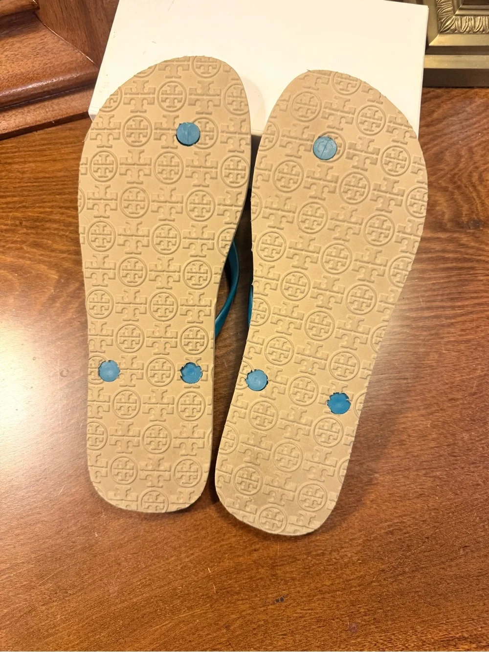 Tory Burch Teal Strap Sandals with Tan Striped Footbed Size 11